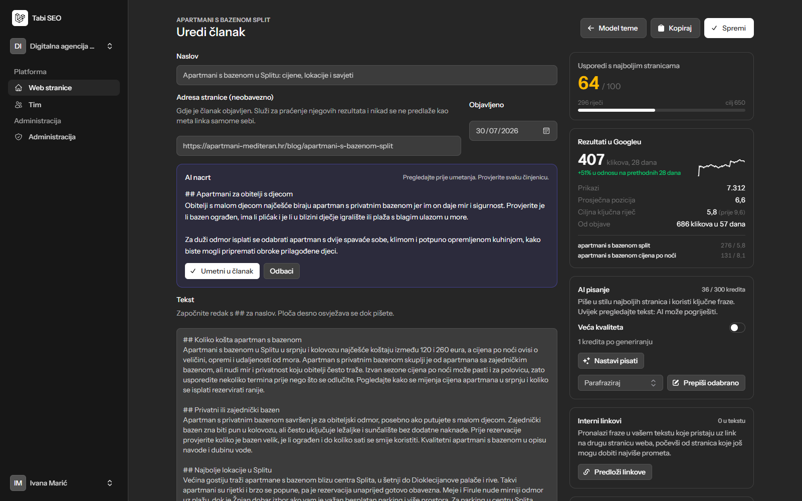 Editor članka s ocjenom 64 od 100, AI nacrtom sekcije i preporučenim frazama