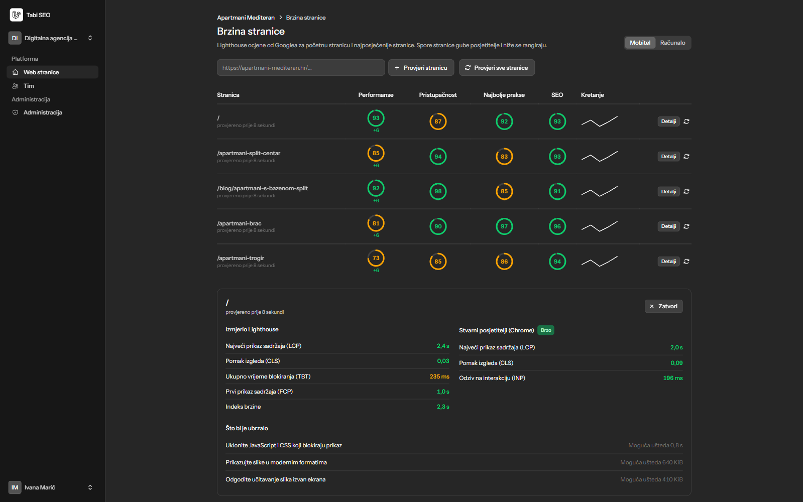 Brzina stranice s Lighthouse ocjenama, Core Web Vitals i prijedlozima za ubrzanje