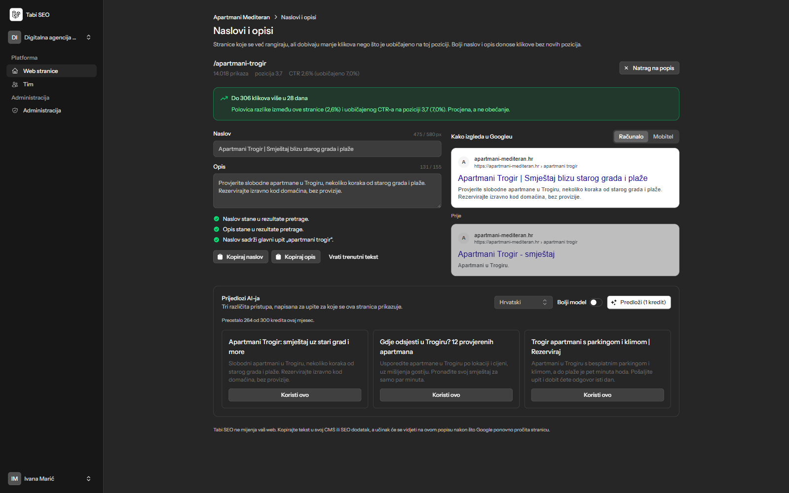 Optimizator naslova i opisa s pregledom u Googleu i tri AI prijedloga
